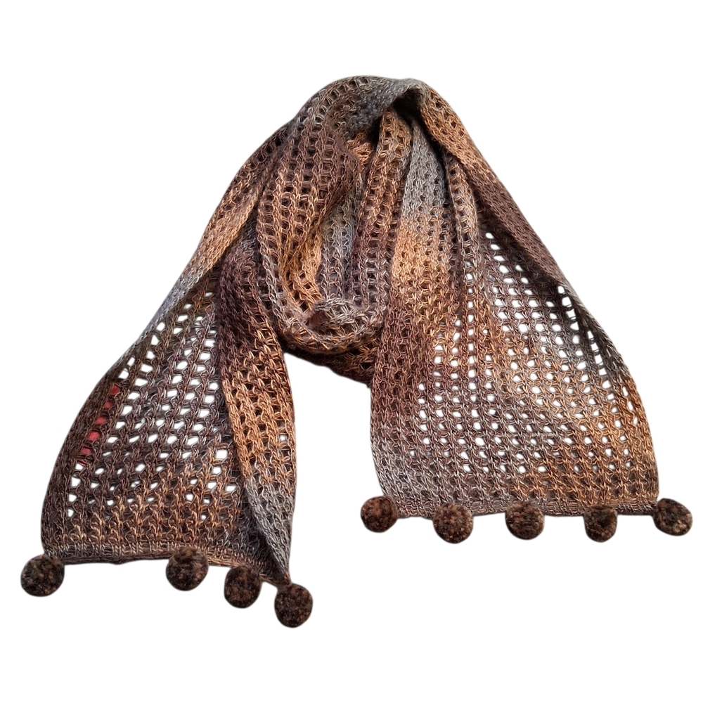 Peruvian Alpaca Genuine Brown Crochet Knit Pom Pom Scarf Shawl